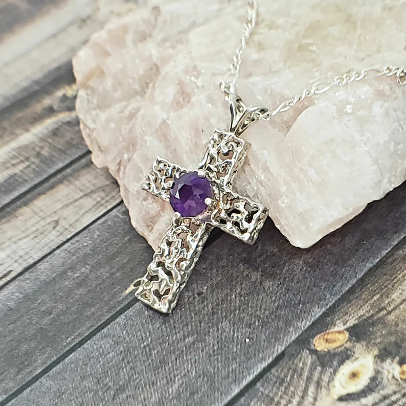 Amethyst Silver Cross Necklace