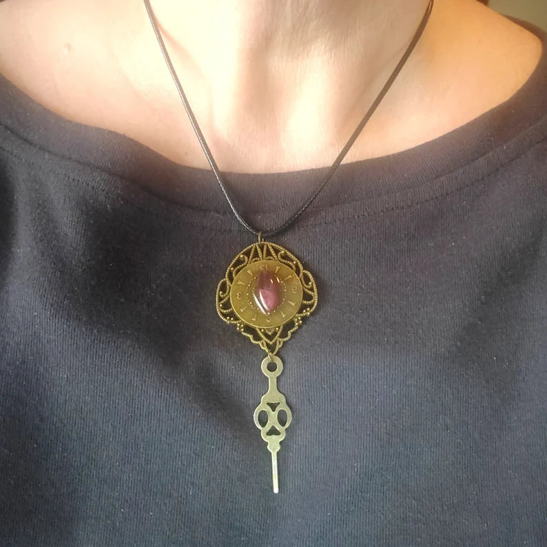 Handcut Genuine Ruby Clock Steampunk Necklace