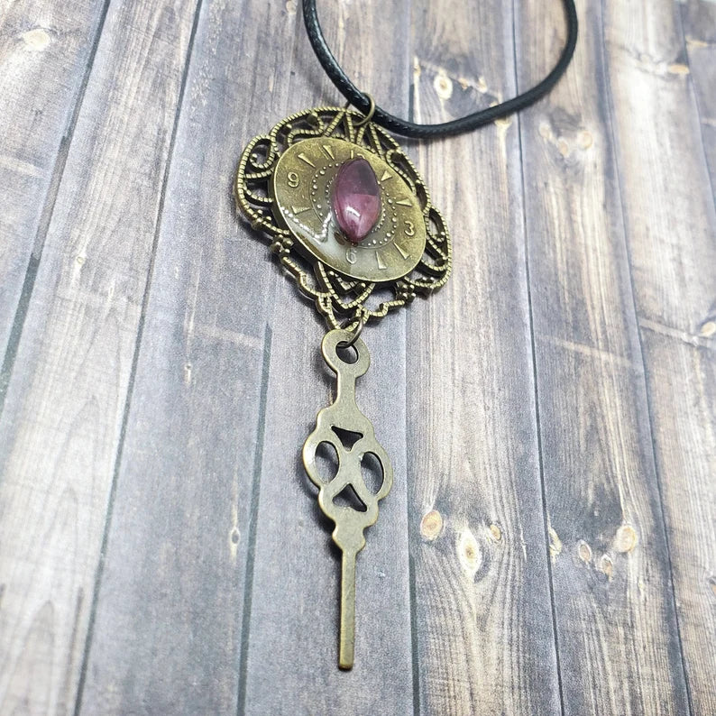 Handcut Genuine Ruby Clock Steampunk Necklace
