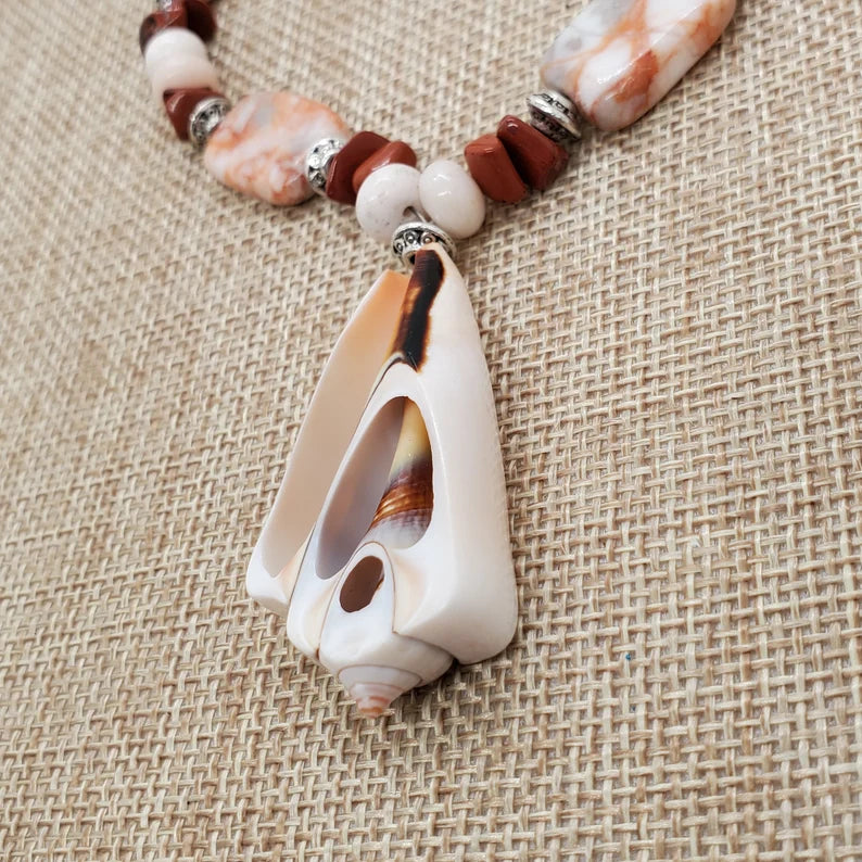 Hand Beaded Seashell Jasper Beachy Necklace