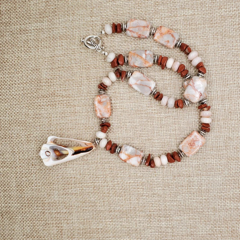 Hand Beaded Seashell Jasper Beachy Necklace