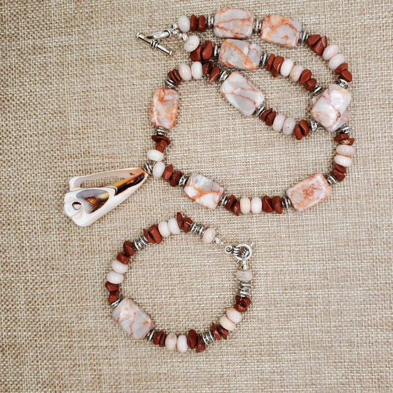 Hand Beaded Seashell Jasper Beachy Necklace