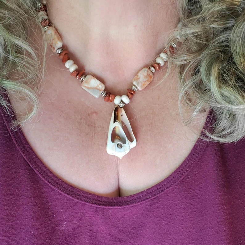 Hand Beaded Seashell Jasper Beachy Necklace