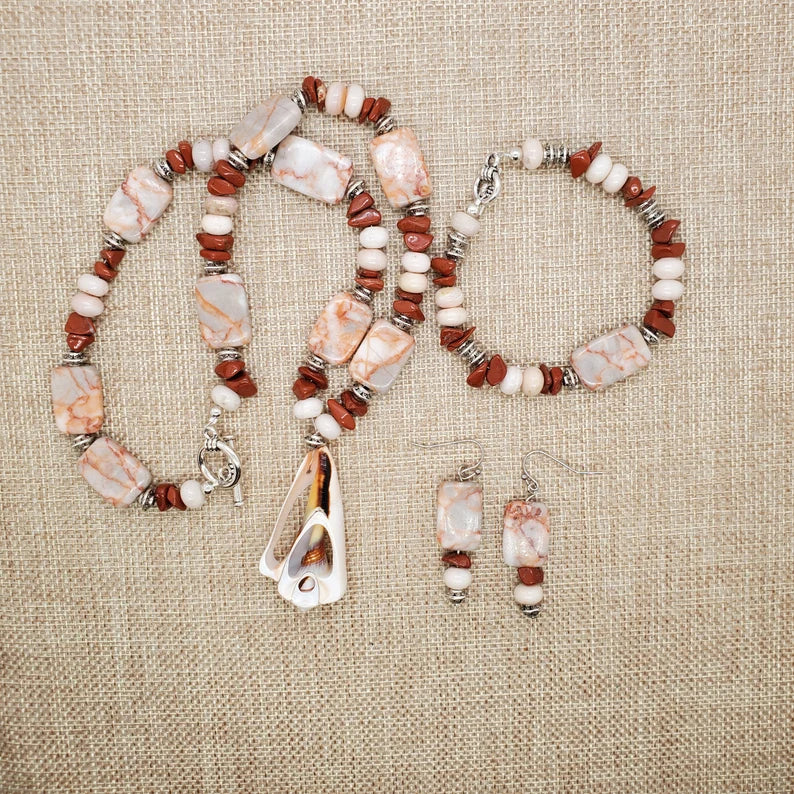 Hand Beaded Seashell Jasper Beachy Necklace