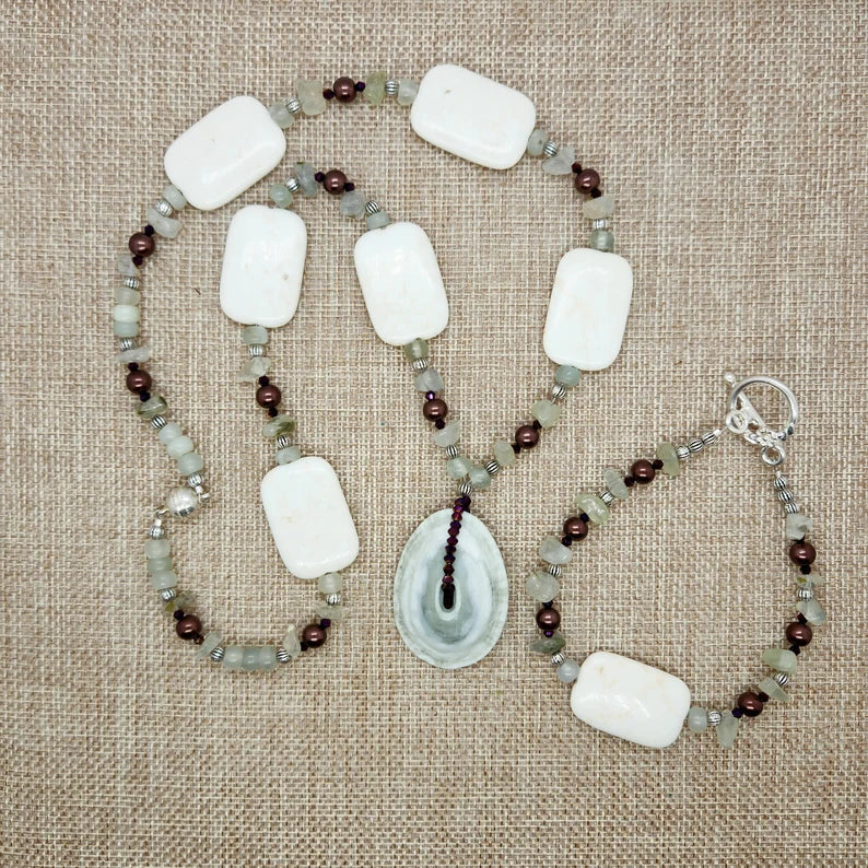 Hand Beaded Seashell Jade Phrenite and Howlite Necklace