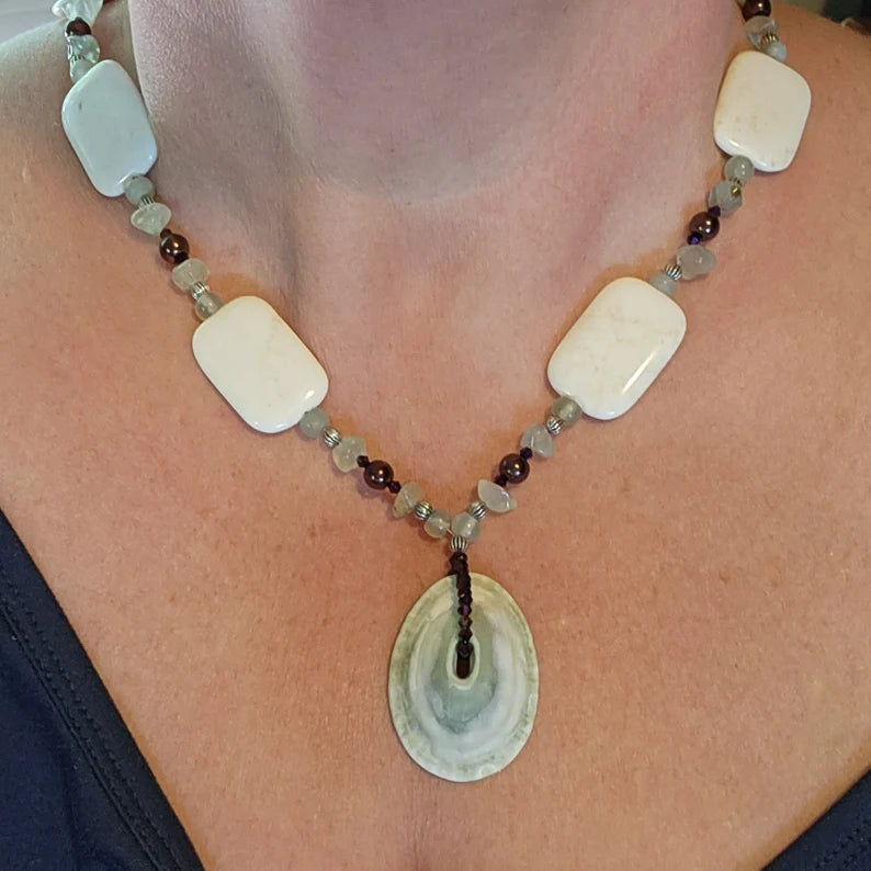 Hand Beaded Seashell Jade Phrenite and Howlite Necklace