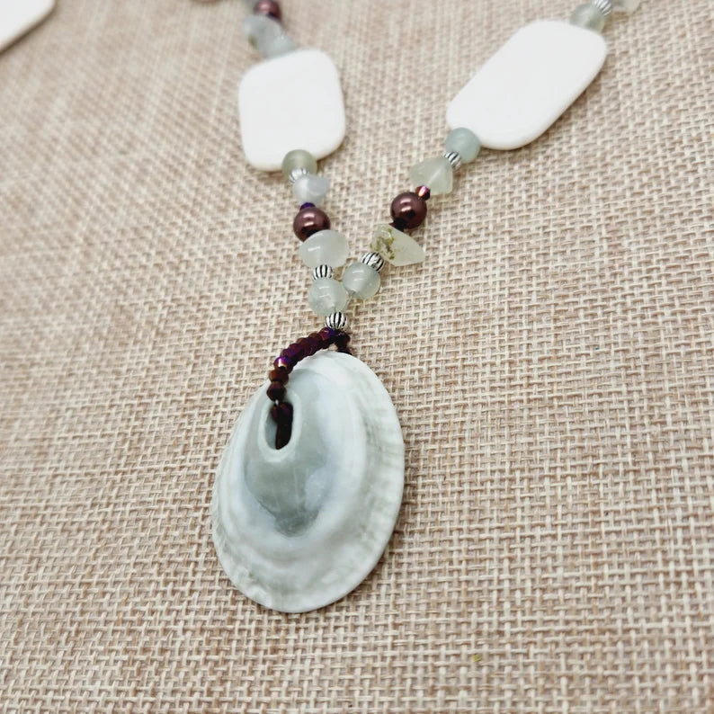 Hand Beaded Seashell Jade Phrenite and Howlite Necklace