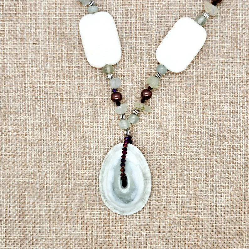 Hand Beaded Seashell Jade Phrenite and Howlite Necklace