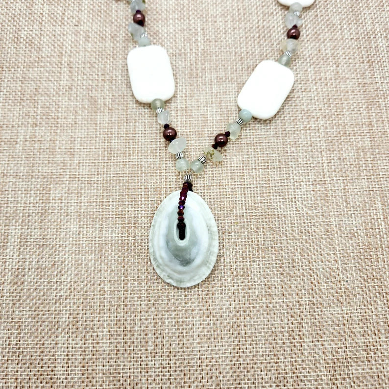 Hand Beaded Seashell Jade Phrenite and Howlite Necklace