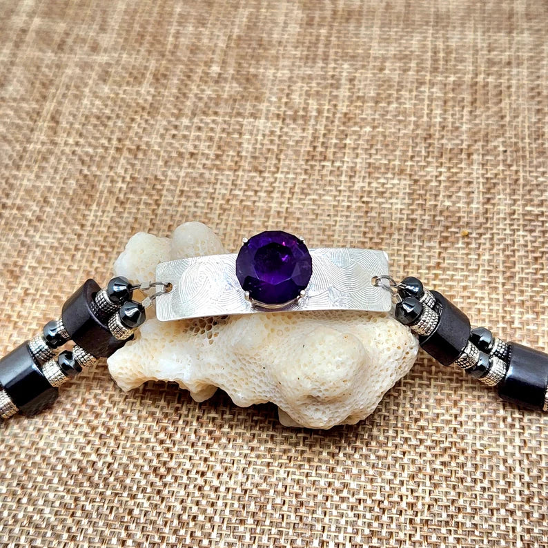 Hand Faceted Large Amethyst Sterling Silver and Hematite Bracelet