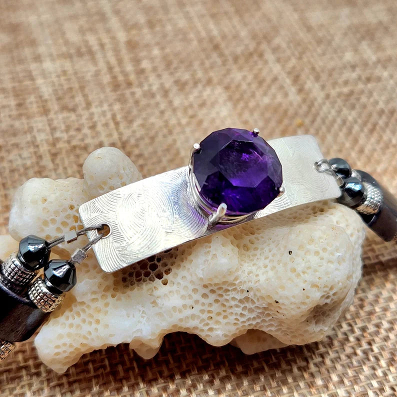 Hand Faceted Large Amethyst Sterling Silver and Hematite Bracelet