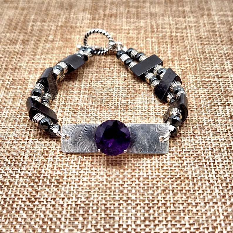 Hand Faceted Large Amethyst Sterling Silver and Hematite Bracelet