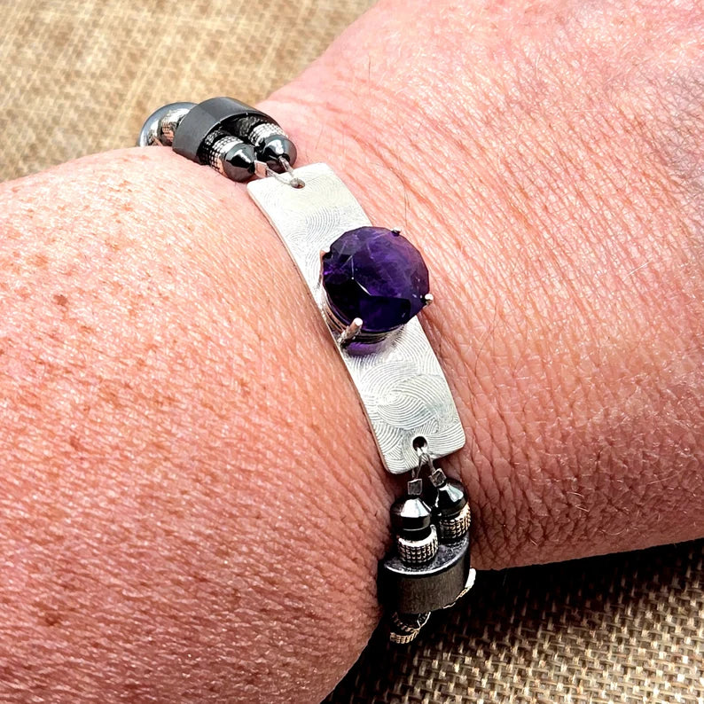 Hand Faceted Large Amethyst Sterling Silver and Hematite Bracelet