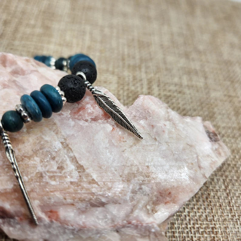 Hand Beaded Blue Feather Infusion Bracelet for Perfume or Essential Oils