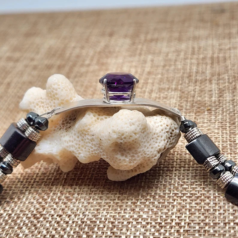 Hand Faceted Large Amethyst Sterling Silver and Hematite Bracelet