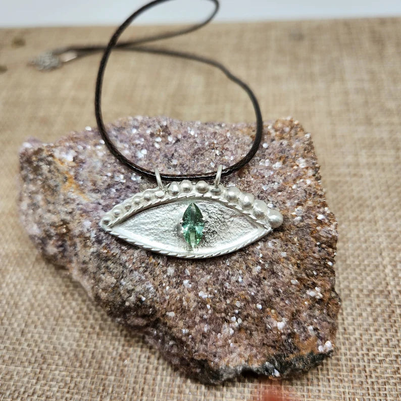 Handcut Green Tourmaline Mystic Eye Sterling Silver Necklace