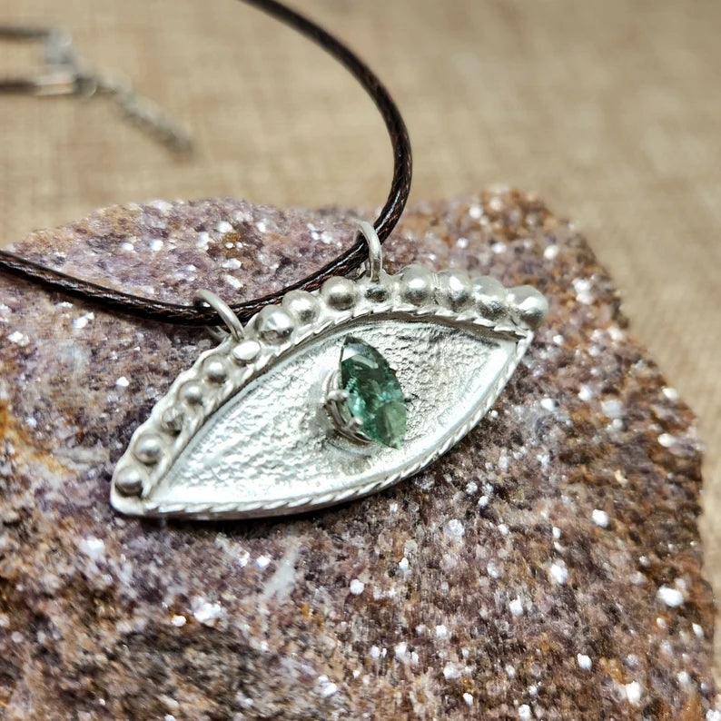 Handcut Green Tourmaline Mystic Eye Sterling Silver Necklace