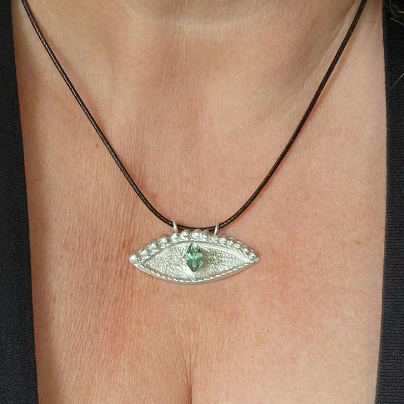 Handcut Green Tourmaline Mystic Eye Sterling Silver Necklace