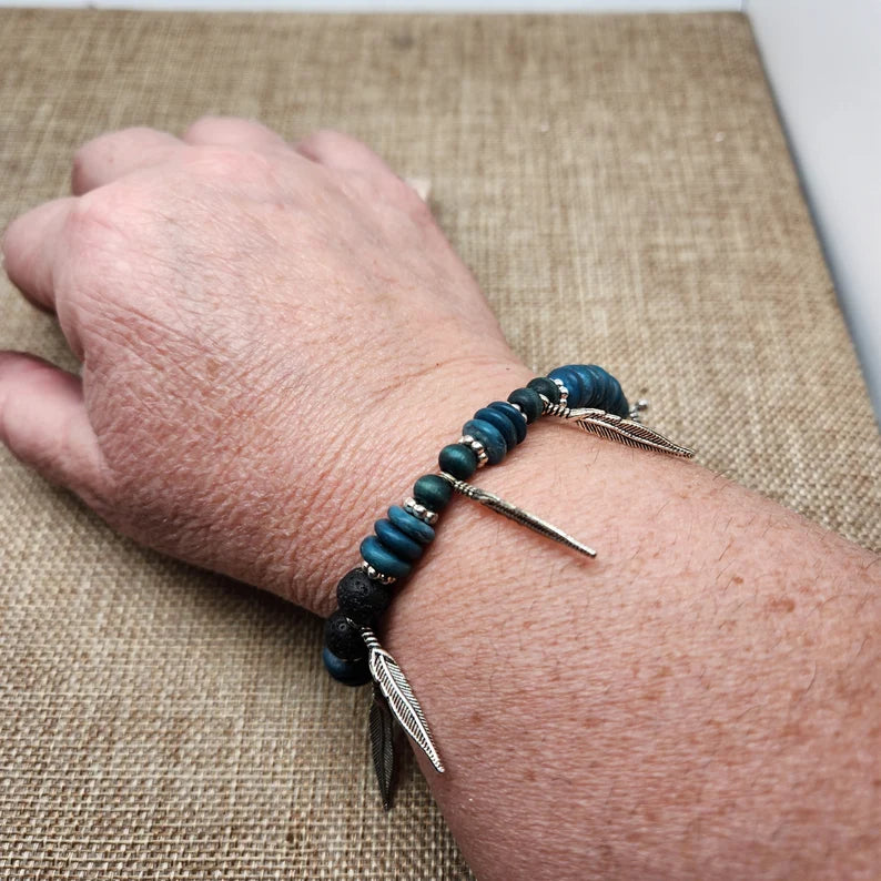 Hand Beaded Blue Feather Infusion Bracelet for Perfume or Essential Oils
