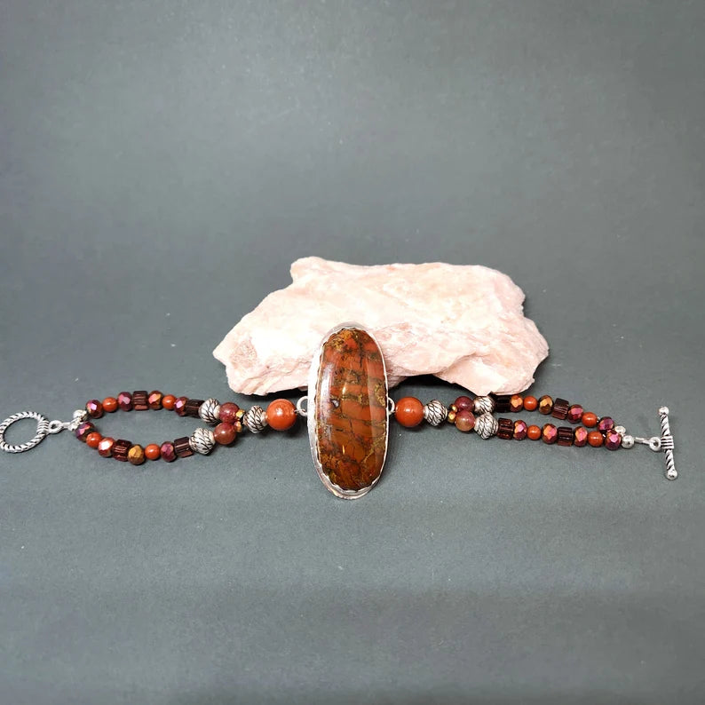 Handcut Brecciated Jasper Sterling Silver Bracelet with Red Jasper, Smoky Quartz, and Carnelian Beading