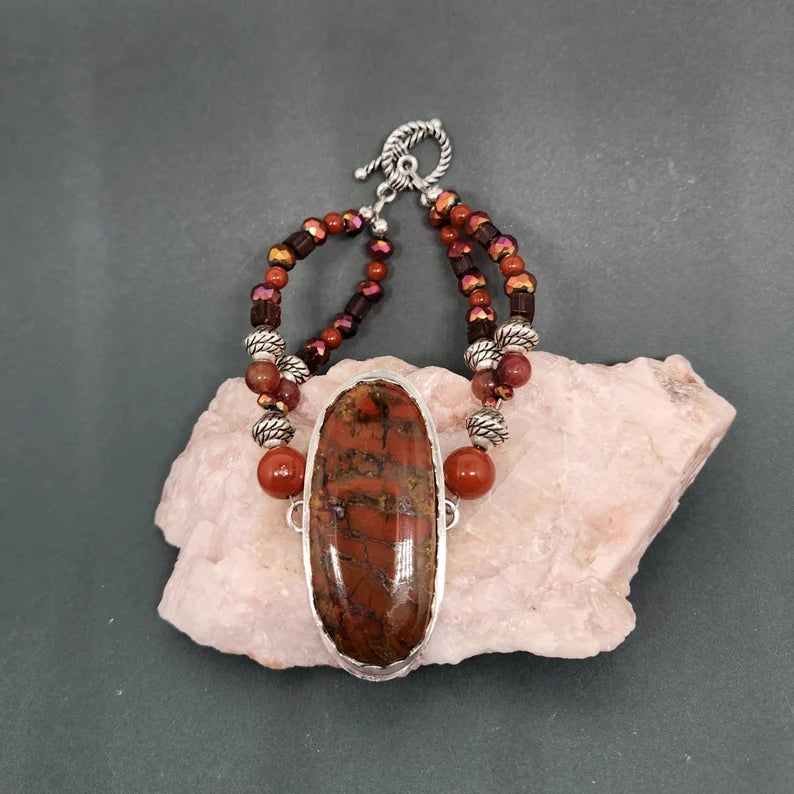 Handcut Brecciated Jasper Sterling Silver Bracelet with Red Jasper, Smoky Quartz, and Carnelian Beading