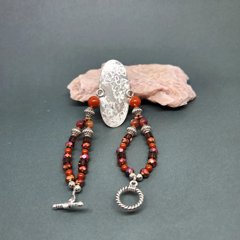 Handcut Brecciated Jasper Sterling Silver Bracelet with Red Jasper, Smoky Quartz, and Carnelian Beading