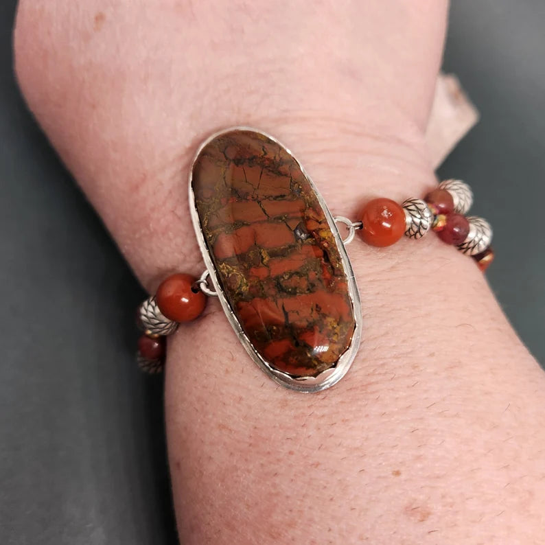 Handcut Brecciated Jasper Sterling Silver Bracelet with Red Jasper, Smoky Quartz, and Carnelian Beading