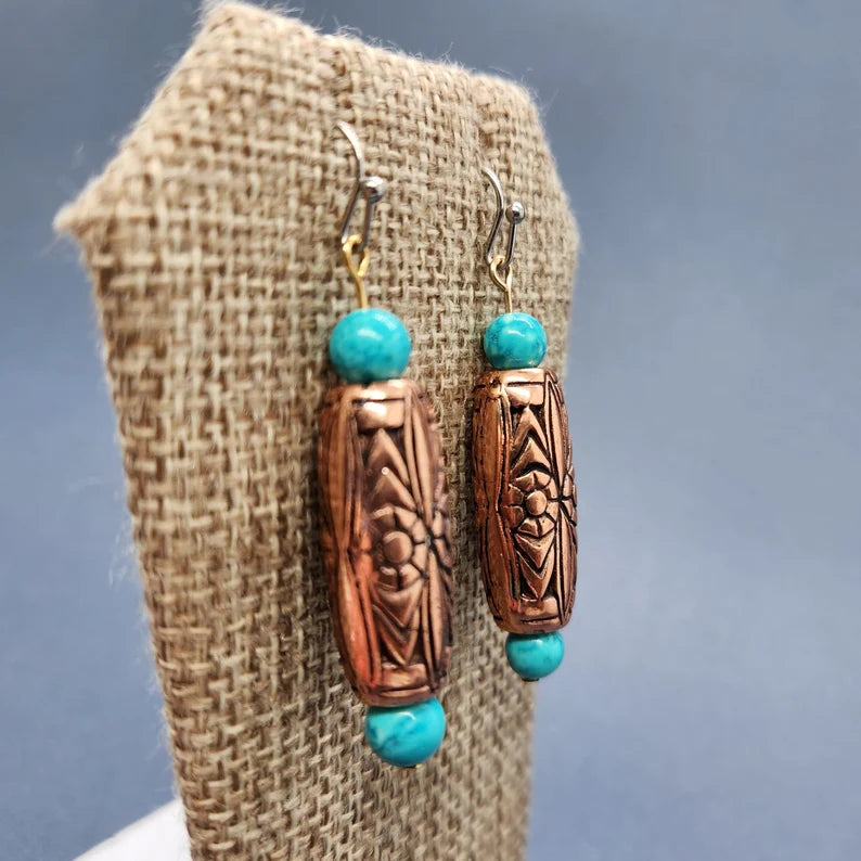 Hand Beaded Carved Copper and Turquoise Dangle Boho Earrings