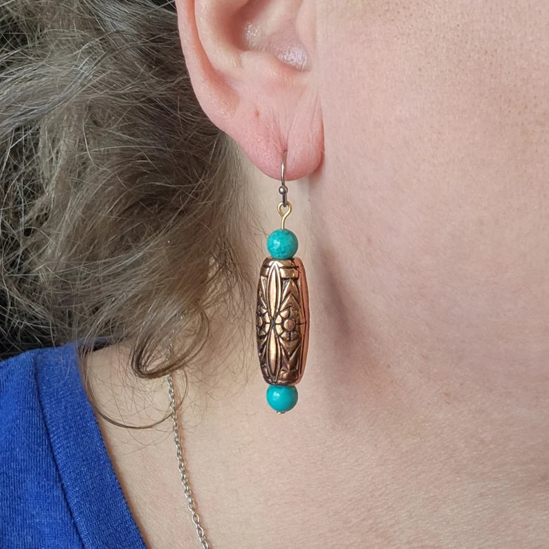 Hand Beaded Carved Copper and Turquoise Dangle Boho Earrings