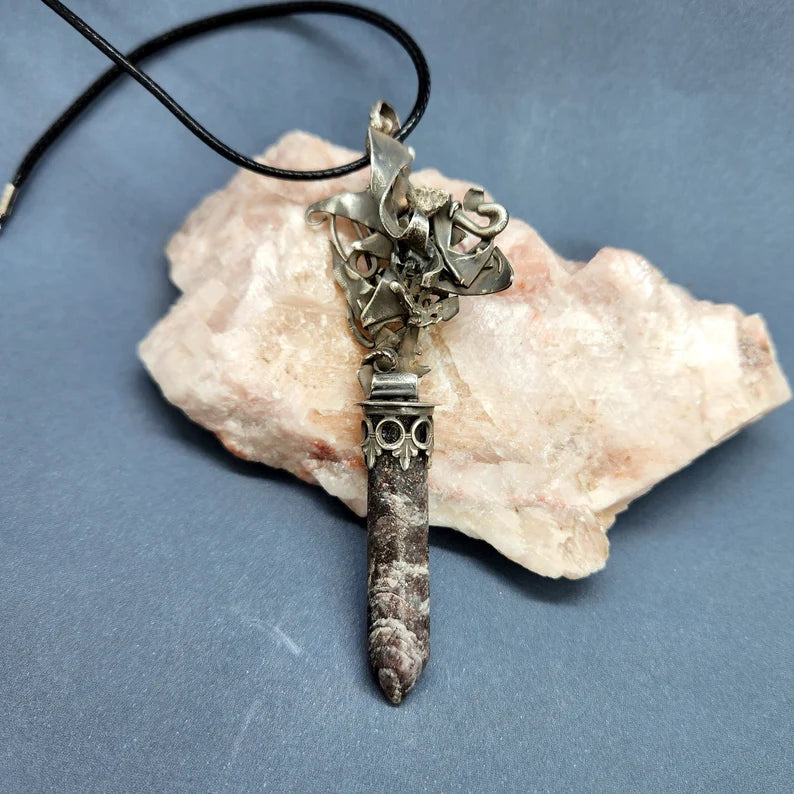 Handcut Gray Sapphire Fantasy Silver Necklace