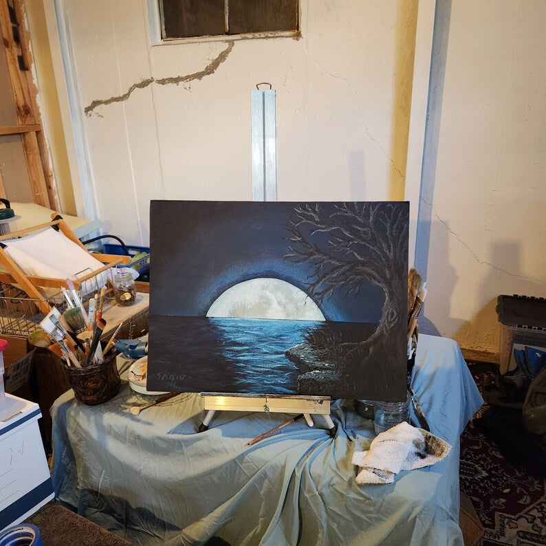 Fae Moon Rising Hand Painted Original Acrylic Painting on Canvas Board, part of The Shadow Realm, handmade by Shaw Earth Creations