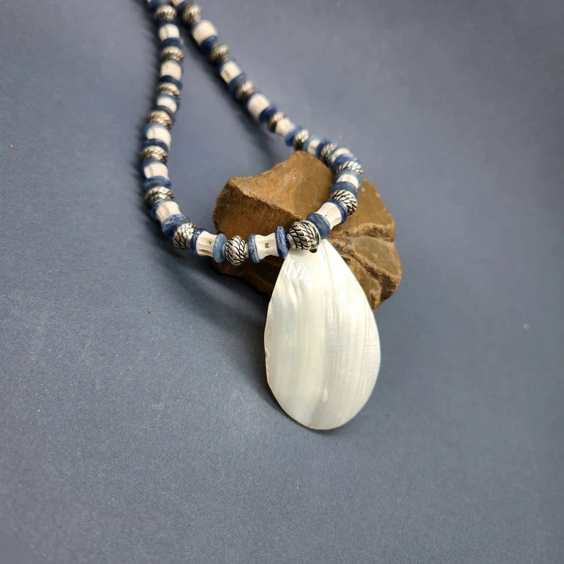 Hand Beaded Mother of Pearl, Kyanite and Fishbone Necklace