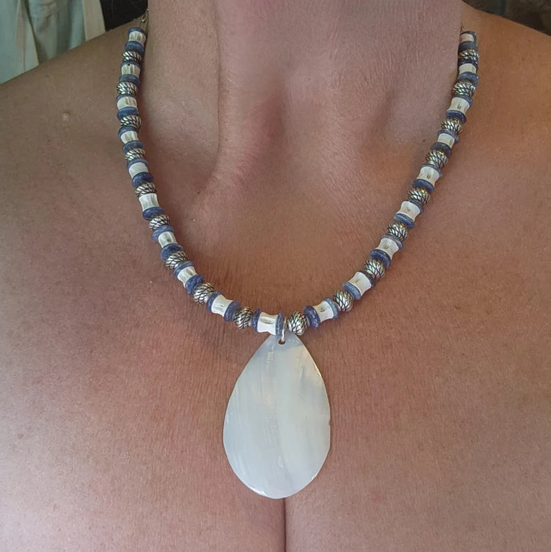 Hand Beaded Mother of Pearl, Kyanite and Fishbone Necklace
