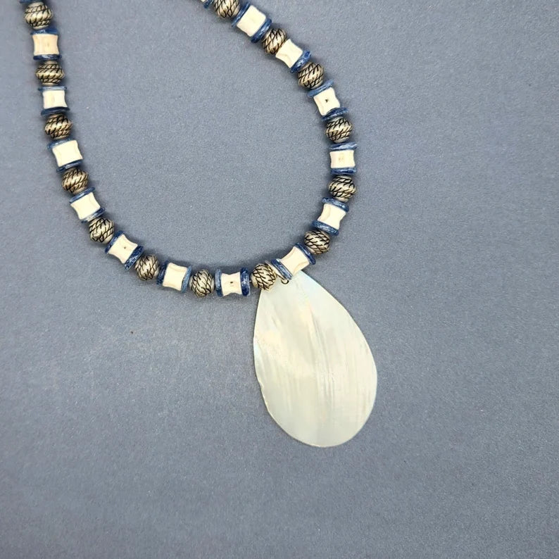Hand Beaded Mother of Pearl, Kyanite and Fishbone Necklace