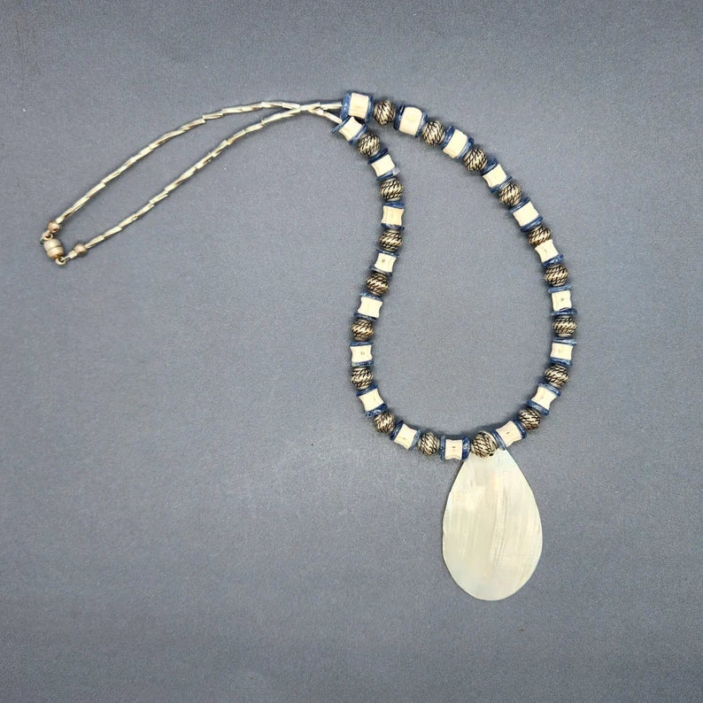 Hand Beaded Mother of Pearl, Kyanite and Fishbone Necklace