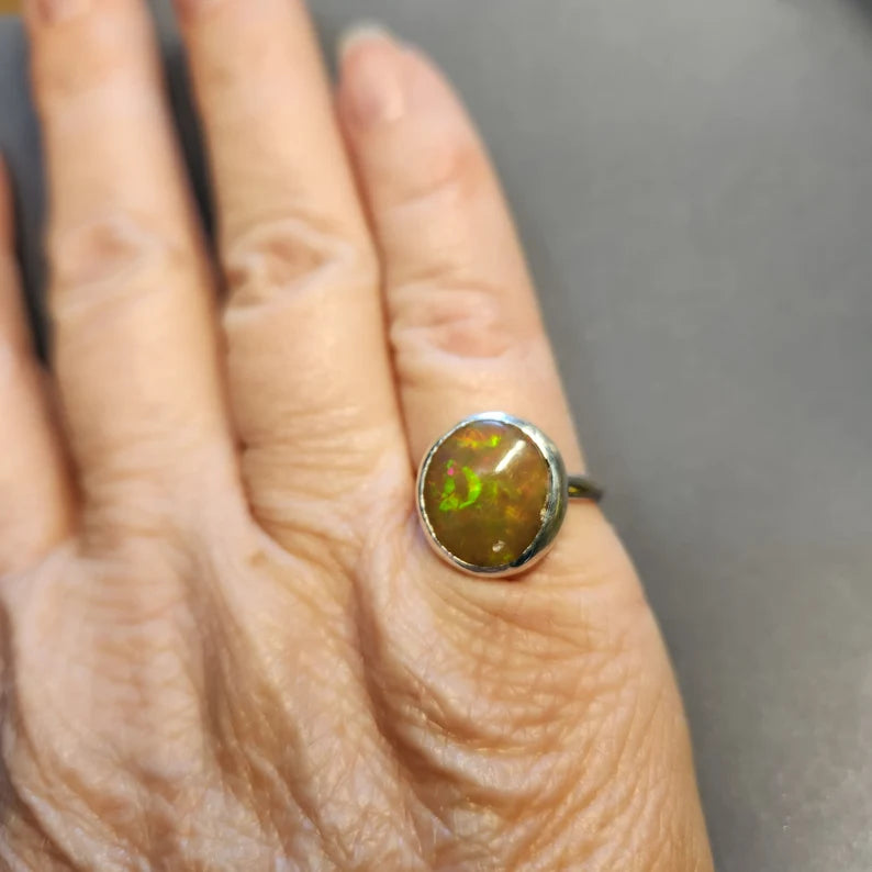 Handcut Honeycomb Pattern Ethiopian Opal Silver Ring