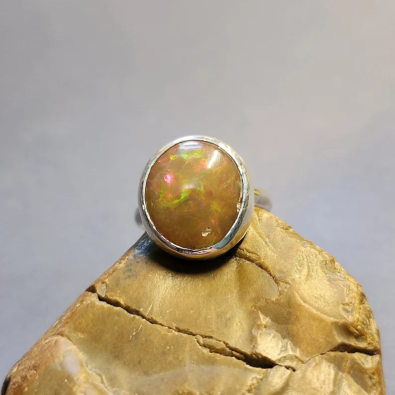 Handcut Honeycomb Pattern Ethiopian Opal Silver Ring