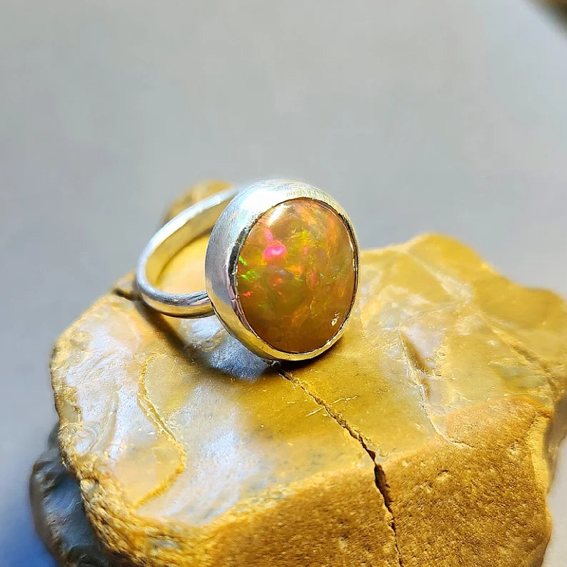 Handcut Honeycomb Pattern Ethiopian Opal Silver Ring