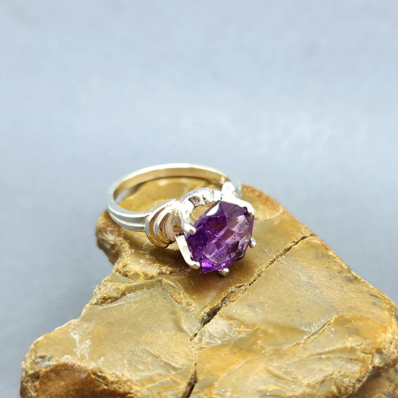 Handcut 2ct Amethyst Silver Ring