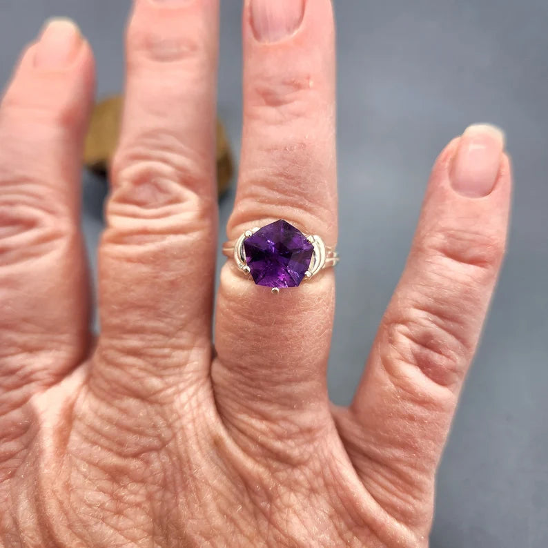 Handcut 2ct Amethyst Silver Ring