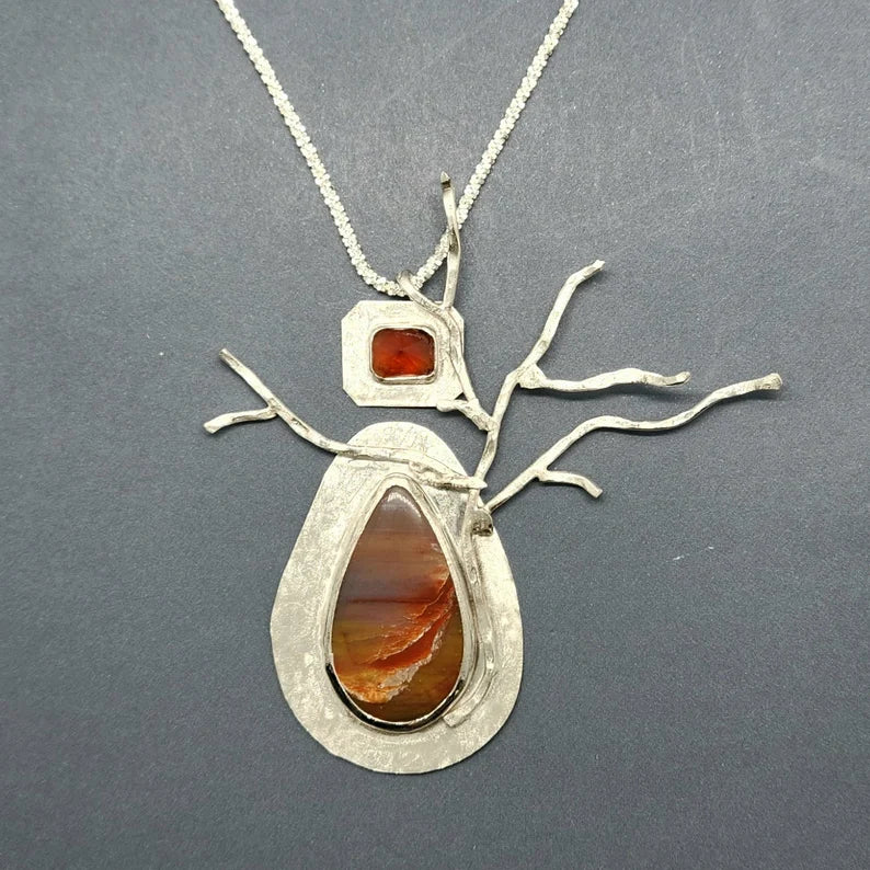 Handcut Mexican Fire Opal and Petrified Wood Rustic Brutalist Sterling Silver Necklace