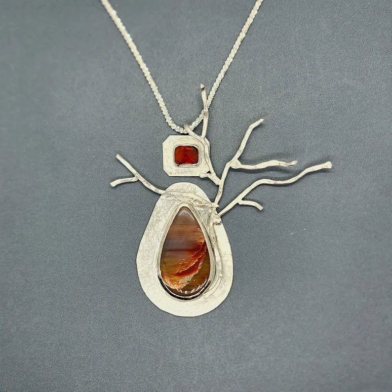 Handcut Fire Opal and Petrified Wood Sterling Silver Necklace