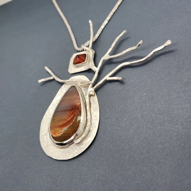 Handcut Fire Opal and Petrified Wood Sterling Silver Necklace