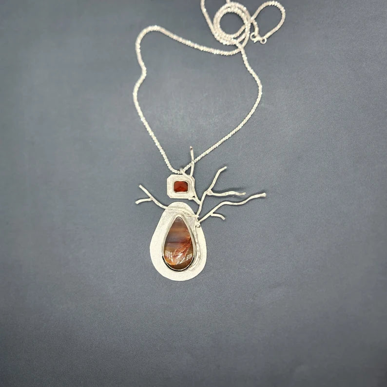 Handcut Mexican Fire Opal and Petrified Wood Rustic Brutalist Sterling Silver Necklace
