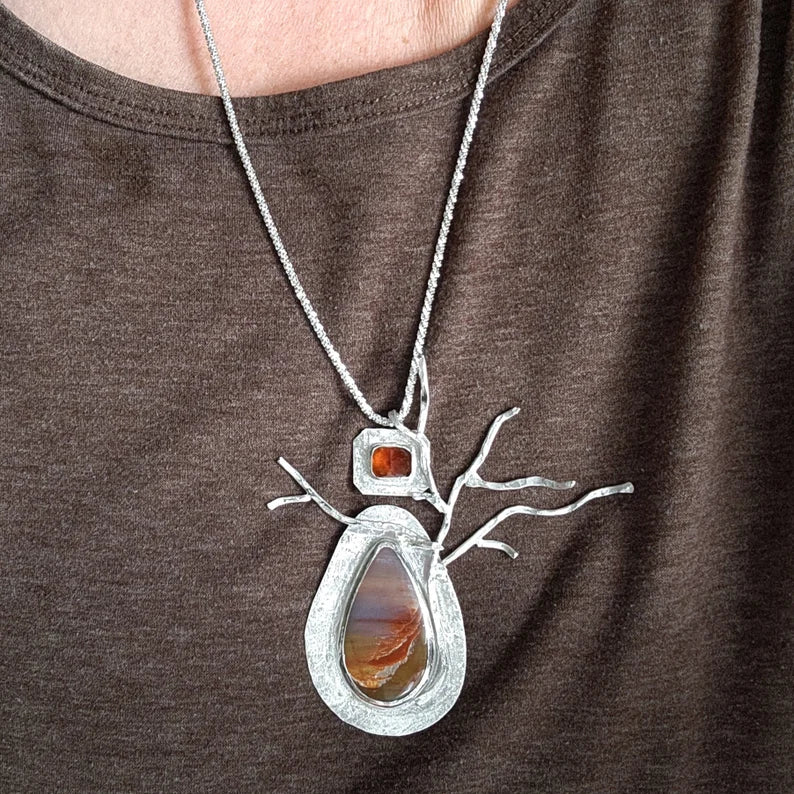 Handcut Mexican Fire Opal and Petrified Wood Rustic Brutalist Sterling Silver Necklace