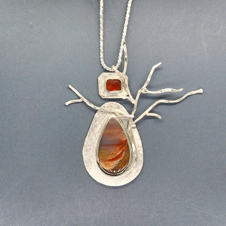 Handcut Fire Opal and Petrified Wood Sterling Silver Necklace