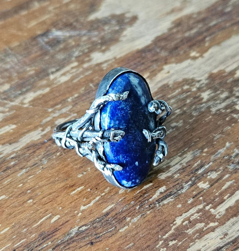 Handcut Lapis Lazuli Claw Branch Sterling Silver Fantasy Goth Ring