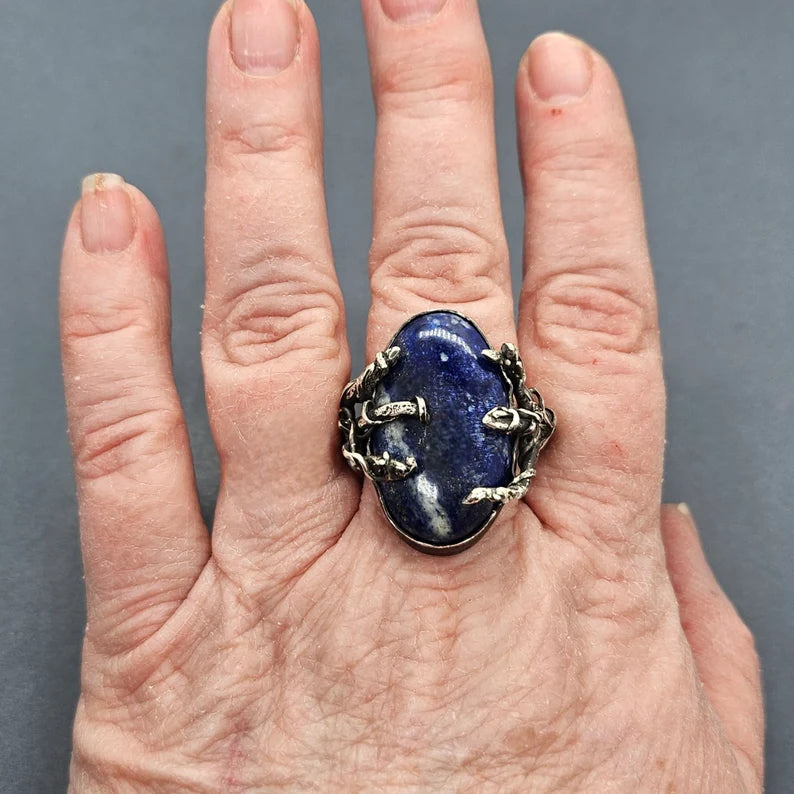 Handcut Lapis Lazuli Claw Branch Sterling Silver Fantasy Goth Ring