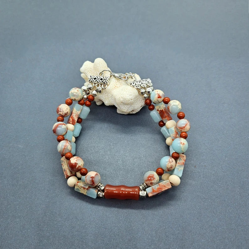 Hand Beaded Peruvian Blue Opal, Carnelian and Red Jasper Three Strand Adjustable Bracelet