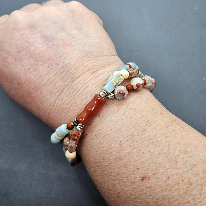 Hand Beaded Peruvian Blue Opal, Carnelian and Red Jasper Three Strand Adjustable Bracelet